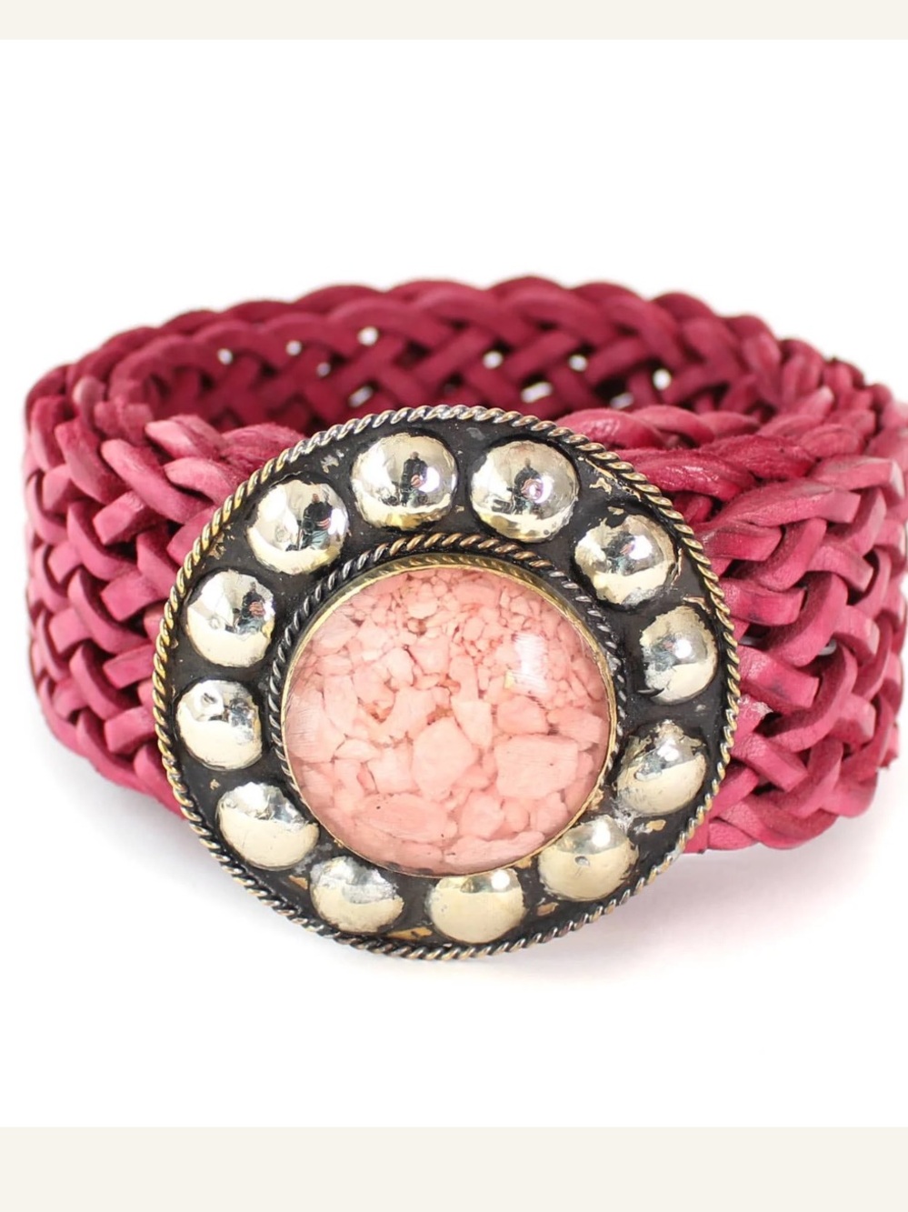 MADE IN ITALY Women’s Pink Braided Leather Belt with Decorative Stone Accent